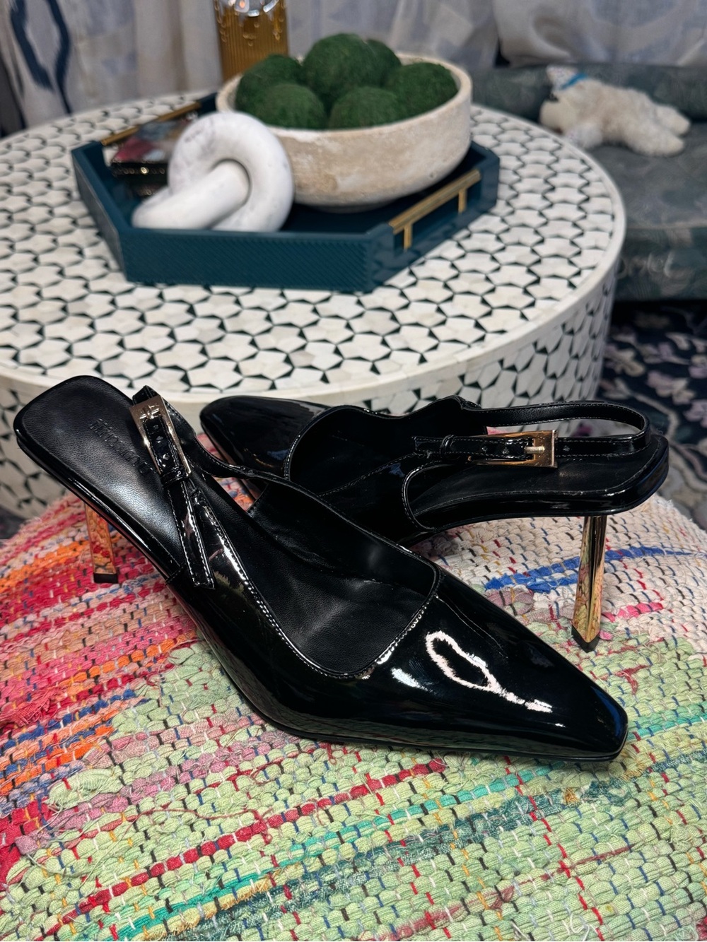 Black Patent Slingback Heels with Gold Heel